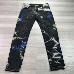 Biepa Jeans Mens 32 Black Gray Bleach Wash Graffiti Embroidered Slim Denim Patch